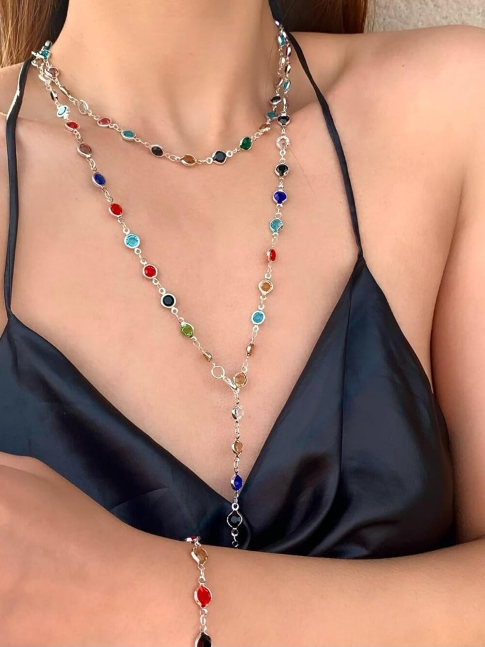 Rhinestone Necklace for Women Boho Long Y Lariat Necklace Colorful Summer Beach - Picture 5 of 6